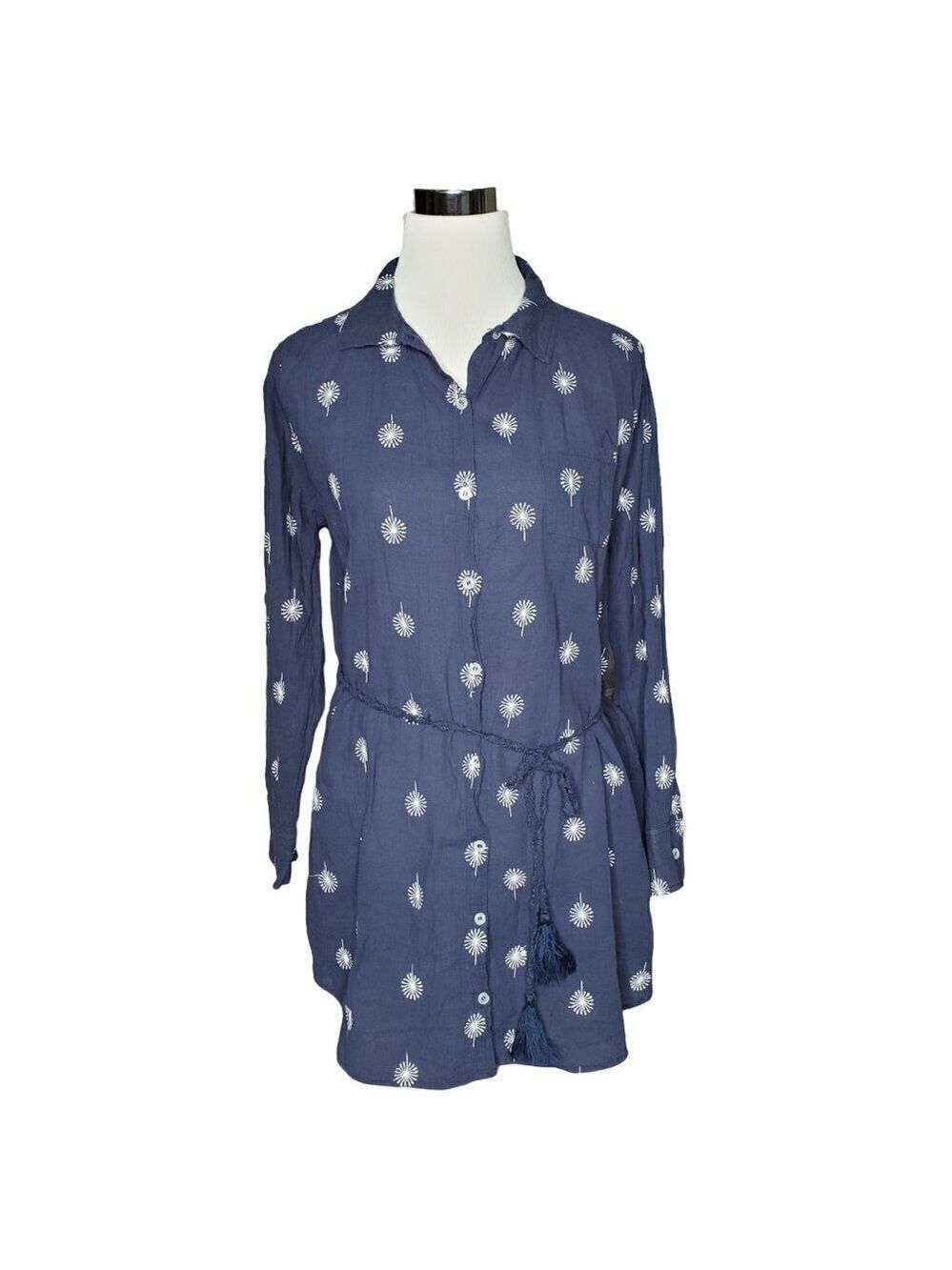 Umgee Dandelions Blue White Collared Button Down Belted Shirt Dress Size Small - Picture 2 of 8